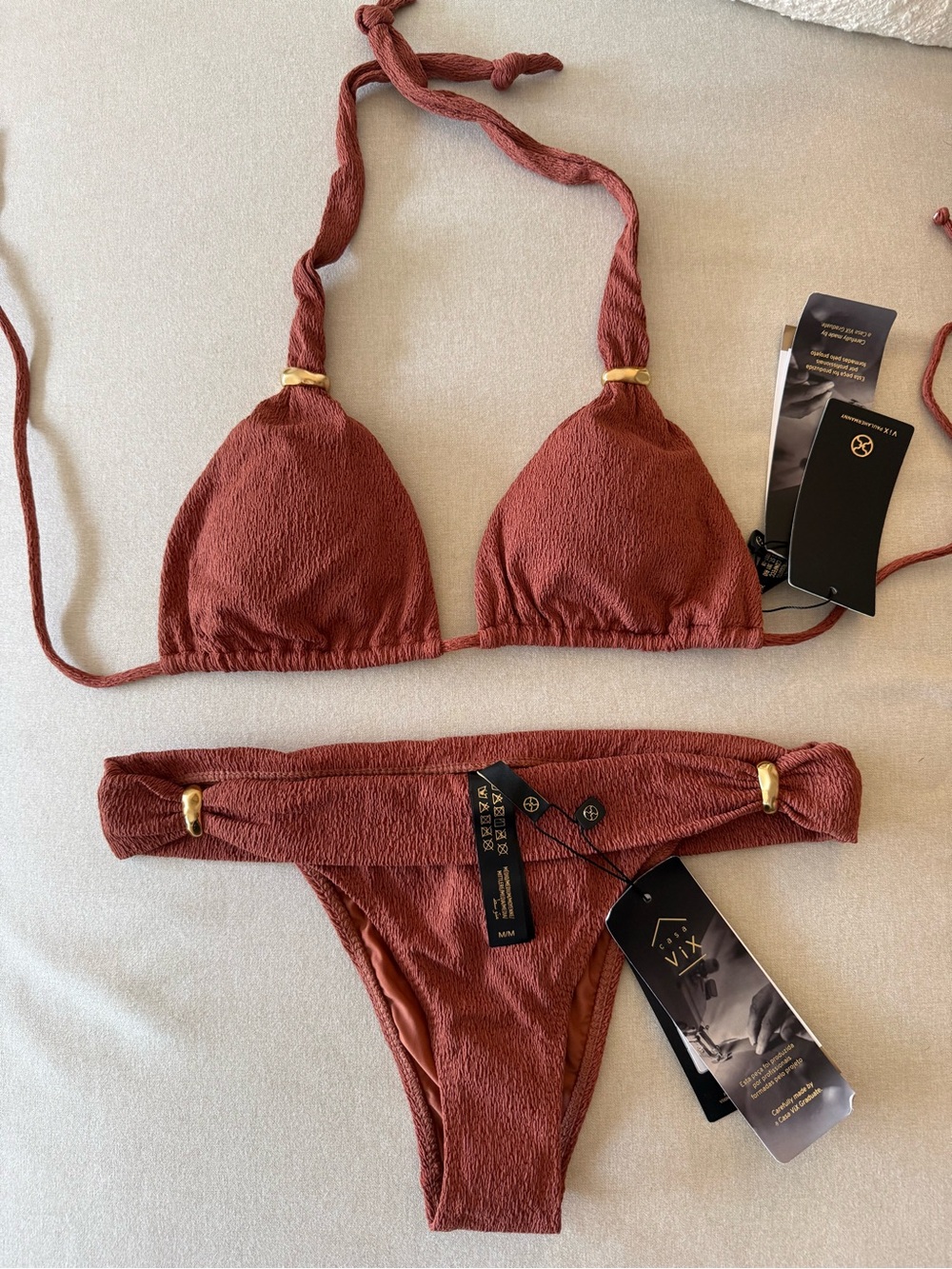 Vix Solid Rust Textured Triangle Bikini Set with Gold Accents